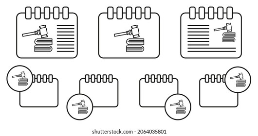 Gavel, icono vector de libros en la ilustración del conjunto de calénder para ui y ux, sitio web o aplicación móvil