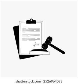 Gavel and clipboard in flat vector illustration symbolizing legal decision making, law, and court documentation, isolated on white background.