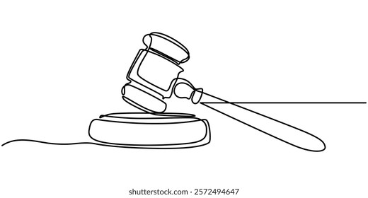 Gavel Continuous Line Icon, Judge hammer one continuous single line art drawing, One continuous single line of judge hammer isolated on white background, Judge's gavel continuous one line drawing. 