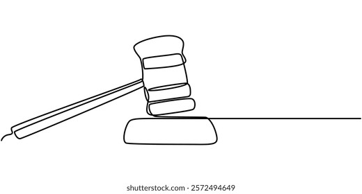 Gavel Continuous Line Icon, Judge hammer one continuous single line art drawing, One continuous single line of judge hammer isolated on white background, Judge's gavel continuous one line drawing. 