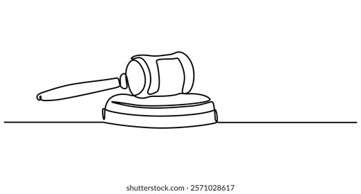 Gavel Continuous Line Icon, Continuous one line drawing of judge wood hammer. Minimalist linear design isolated on white background. Justice concept. Trendy vector illustration, One continuous single.