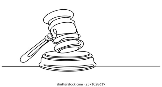 Gavel Continuous Line Icon, Continuous one line drawing of judge wood hammer. Minimalist linear design isolated on white background. Justice concept. Trendy vector illustration, One continuous single.