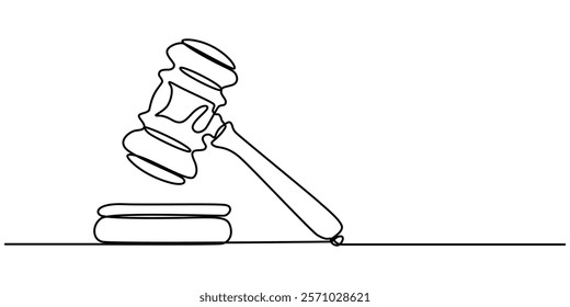 Gavel Continuous Line Icon, Continuous one line drawing of judge wood hammer. Minimalist linear design isolated on white background. Justice concept. Trendy vector illustration, One continuous single.