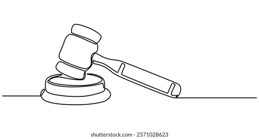 Gavel Continuous Line Icon, Continuous one line drawing of judge wood hammer. Minimalist linear design isolated on white background. Justice concept. Trendy vector illustration, One continuous single.