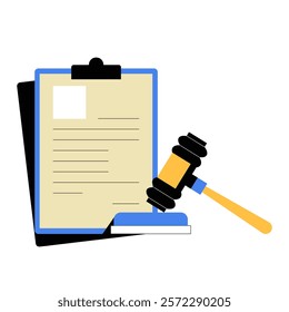 Gavel With Document On Clipboard In Flat Vector Illustration Symbolizing Legal Agreements, Law Enforcement, And Judicial Authority, Isolated On White Background.