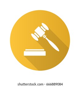 Gavel flat design long shadow glyph icon. Court hammer. Auction bid. Vector silhouette illustration