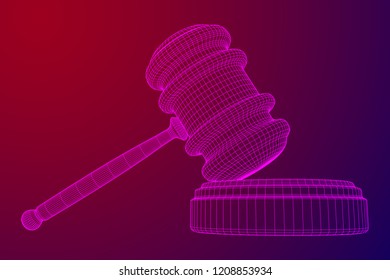 Gavel, hammer of judge or auctioneer. Wireframe low poly mesh vector illustration