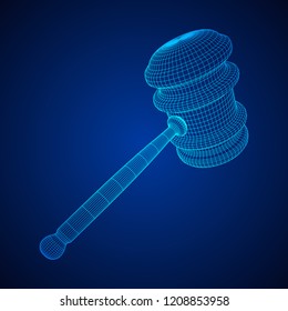 Gavel, hammer of judge or auctioneer. Wireframe low poly mesh vector illustration