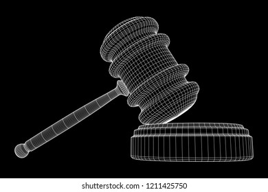Gavel, hammer of judge or auctioneer. Wireframe low poly mesh vector illustration