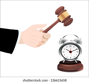Gavel in hand and clock  isolated on white
