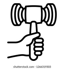 Gavel in hand icon. Outline gavel in hand vector icon for web design isolated on white background