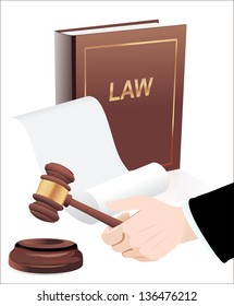 Gavel in hand and law book. Photo-realistic vector