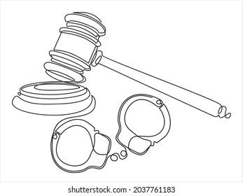 Gavel and handcuffs continuous one line drawing minimalism design isolated on white background