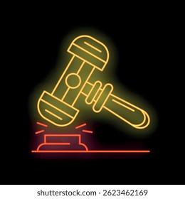 Gavel hitting sound block in yellow and red neon light, great icon for legal, justice or auction concepts
