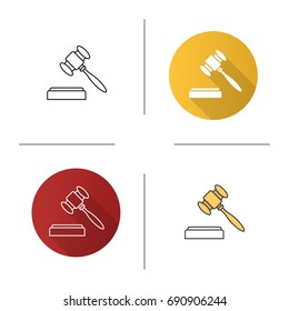 Gavel icon. Flat design, linear and color styles. Court hammer. Auction bid. Isolated vector illustrations