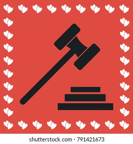 Gavel icon flat. Simple black pictogram on red background with white hearts for valentines day. Vector illustration symbol
