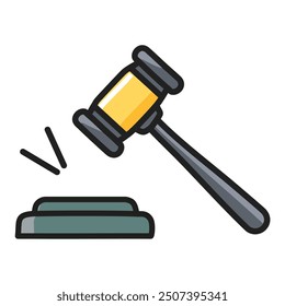 Ilustración de icono de mazo. Una simple Ilustración vectorial de un mazo golpeando un bloque. Esta Imagen es perfecta para representar conceptos legales, judiciales y legales.