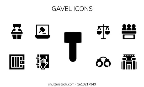 gavel icon set. 9 filled gavel icons. Included Mallet, Oath, Auction, Jail, Witness, Prison, Jury, Handcuffs, Law icons