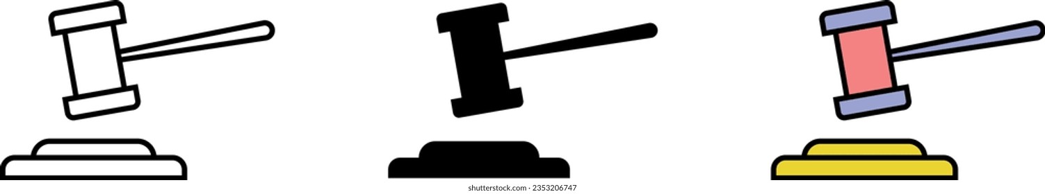 Colección de conjunto de iconos de martillo. Juez los iconos de gavel alineados, aislados y coloreados. Ilustración vectorial