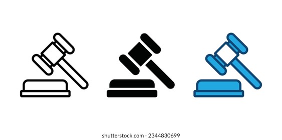 Das Gavel-Symbol wird in Linie und flachem Stil gesetzt. Jurastuhl, Rechtskosten, Hammer und Auktionssymbol auf weißem Hintergrund mit bearbeitbarem Schlaganfall. Vektorgrafik