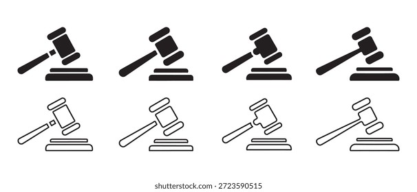 Conjunto de iconos de mazo. Diseños sólidos y esquemáticos para los conceptos de derecho y justicia.