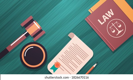gavel and judge book on wooden table legal law advice and justice concept workplace desk top angle view horizontal vector illustration svg
