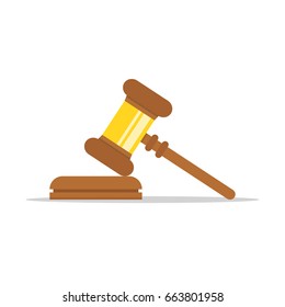 Gavel judge isolated on a colored background. Wooden gavel law concept. Flat cartoon style. Vector illustration.