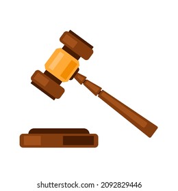 Gavel. El martillo del juez de madera. Símbolo de justicia y jurisprudencia. Icono, clipart para sitio web, aplicación sobre abogados, justicia. Ilustración plana vectorial, estilo de dibujos animados.