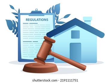 Gavel justice hammer with house icon and regulations document on the background, real estate, property regulation concept