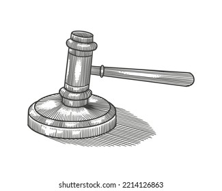 Gavel For Justice. Vintage Engraving Drawing Style. Vector Illustration