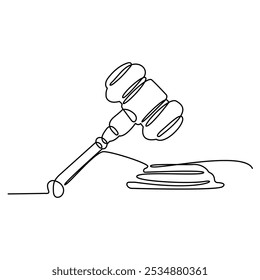 Gavel law and Justice Continuous One Line. Law and Justice legal advice in Line Art. Isolated white Background