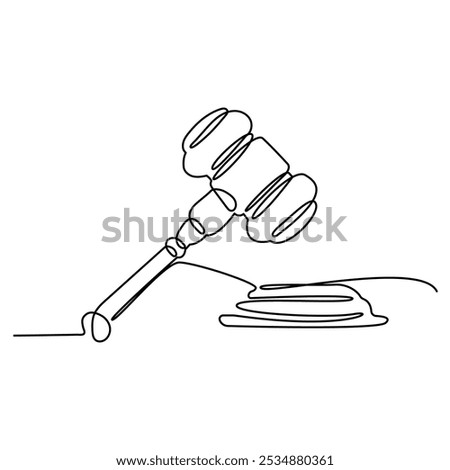 Gavel law and Justice Continuous One Line. Law and Justice legal advice in Line Art. Isolated white Background