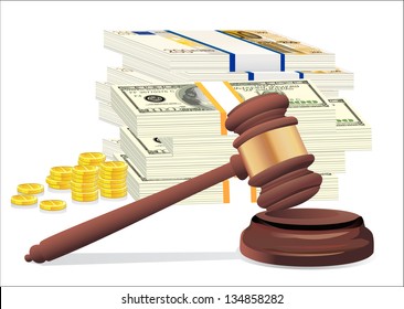 Gavel and money stack isolated on white