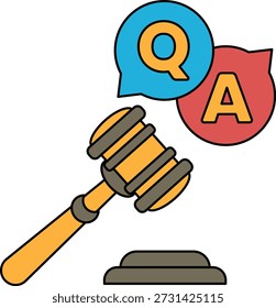 A gavel is on a white background with a question mark and an A. The gavel is used to symbolize a judge or a decision maker