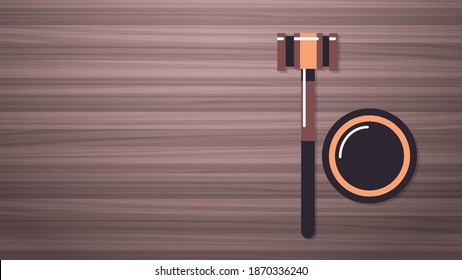 gavel on wooden table legal law advice and justice concept workplace desk top angle view horizontal vector illustration