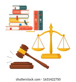 Gavel, scales, law books icon set. Judge lawyer and justice concept, Vector