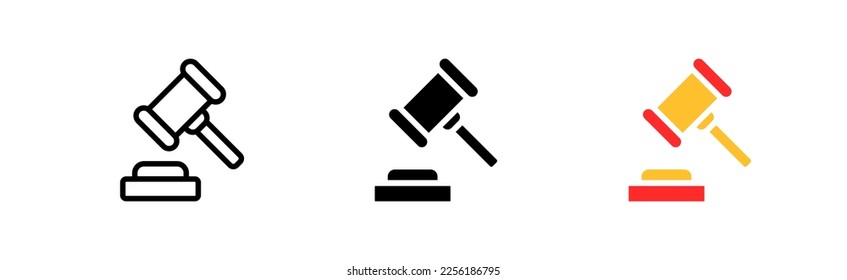 Gavel hat das Symbol gesetzt. Recht, Anwalt, Hammer, Richter, Gericht, Verfassung, Recht, Justiz. Rechtsauffassung. Vektorsymbol in line, schwarz und bunter Stil auf weißem Hintergrund