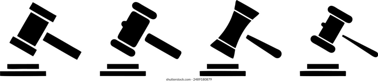 Gavel set icons. Judge gavels collection flat icon. Auction hammer icon. Gavel icon in different style. Court tribunal symbol