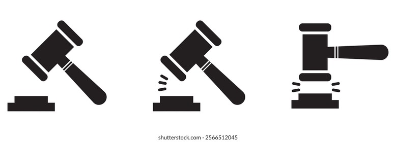 Gavel set icons. Judge gavels collection flat icon. Auction hammer icon. Gavel icon in different style. Court tribunal symbol