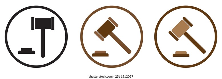 Gavel set icons. Judge gavels collection flat icon. Auction hammer icon. Gavel icon in different style. Court tribunal symbol