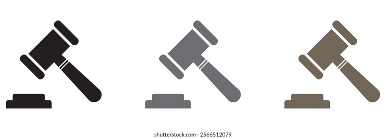 Gavel set icons. Judge gavels collection flat icon. Auction hammer icon. Gavel icon in different style. Court tribunal symbol