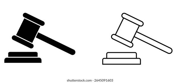 Ícones do conjunto de gavetas. Juiz dá a coleção ícone plano. lei e símbolo de justiça. martelo leilão. Juiz Gavel Icon ilustração vetorial. 