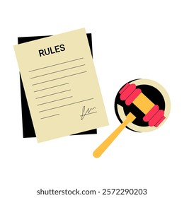 Gavel With Signed Rules Document In Flat Vector Illustration Symbolizing Legal Regulations, Judicial Authority, And Official Documentation, Isolated On White Background.