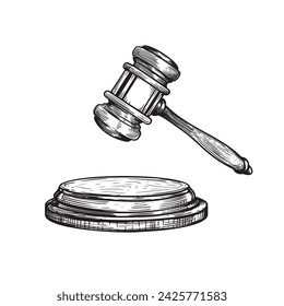 Gavel sketch drawing. Hand drawn hammer of judge or auctioneer. Vector illustration isolated on white background.