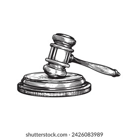 Gavel sketch drawing. Hand drawn hammer of judge or auctioneer. Vector illustration isolated on white background.