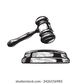 Gavel sketch drawing. Hand drawn hammer of judge or auctioneer. Vector illustration isolated on white background.