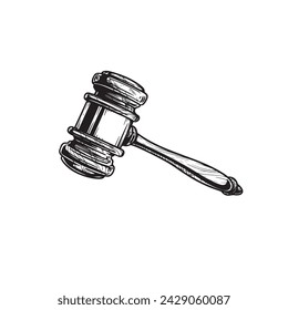 Gavel sketch drawing. Hand drawn hammer of judge or auctioneer. Vector illustration isolated on white background.