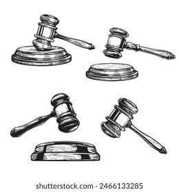 Gavel sketch drawings set. Collection of hand drawn hammers of judge or auctioneer. Vector illustrations isolated on white background.