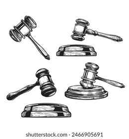 Gavel sketch drawings set. Collection of hand drawn hammers of judge or auctioneer. Vector illustrations isolated on white background.