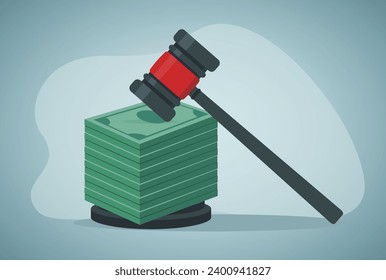 Gavel with stack paper currency. Bribery, unfair concept.